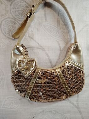 Gold Sequin Crescent Shoulder Bag with Heart Charm